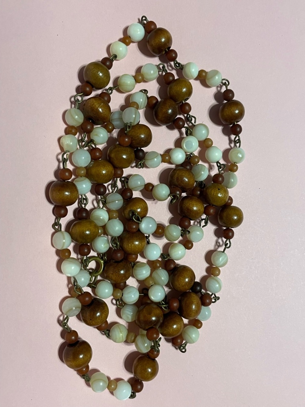 Vintage Mother of Pearl Wood Bead Necklace #9416
